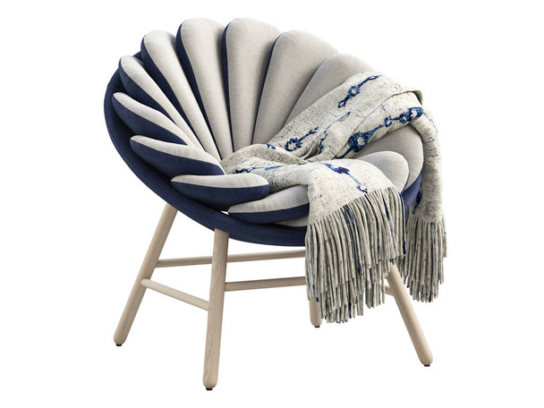 Chaise moderne en tissu gris clair avec base bleu foncé et pieds en bois. Chaise ronde rembourrée en tissu avec plaid sur fond blanc. Au milieu du siècle, Loft, intérieur scandinave. 3d rendu - Photo, image