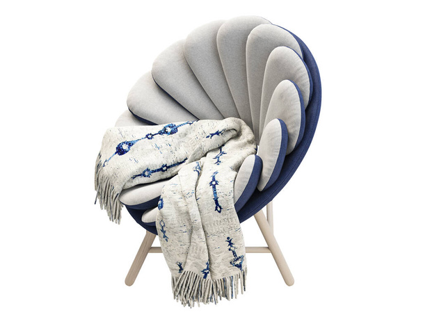 Chaise moderne en tissu gris clair avec base bleu foncé et pieds en bois. Chaise ronde rembourrée en tissu avec plaid sur fond blanc. Au milieu du siècle, Loft, intérieur scandinave. 3d rendu - Photo, image
