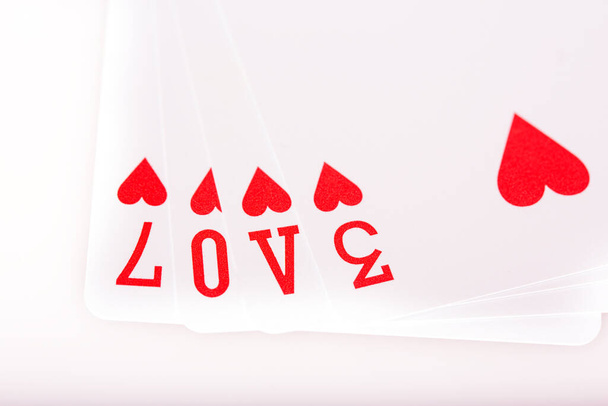playing cards isolated on white background, ace, seven, three, and queen of hearts - Φωτογραφία, εικόνα