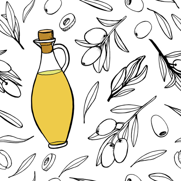 Botanical seamless pattern of olives, twigs, leaves and glass oil bottle.Handmade illustrations for packaging design of cosmetics,food - Vector, Image