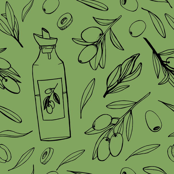 Modello botanico senza cuciture di olive, ramoscelli, foglie e bottiglia di olio di vetro.Illustrazioni fatte a mano per la progettazione di imballaggi di cosmetici, alimenti - Vettoriali, immagini