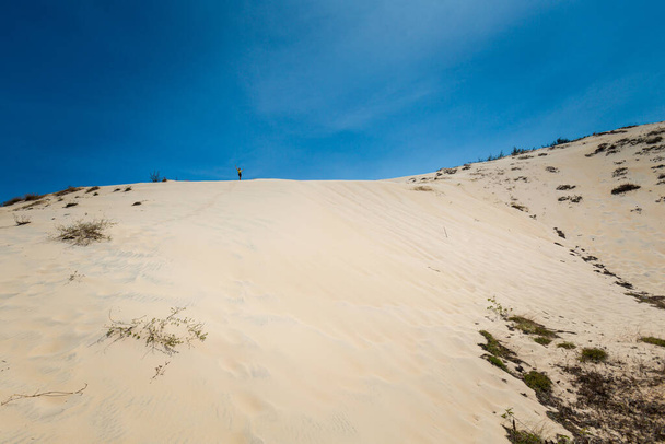 Jovem homem bonito se divertindo em dunas de areia branca em La Gi, Phan Tiet área no Vietnã. Paisagem com céu azul no sul de Mui Ne
. - Foto, Imagem