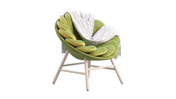 Animation circulaire de chaise moderne en tissu vert avec base verte et pieds en bois. Chaise ronde rembourrée en tissu avec plaid sur fond blanc. Plateforme tournante 3d render - Séquence, vidéo