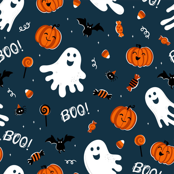 Fun hand drawn Halloween seamless pattern, cute ghosts, pumpkins, bats and decoration, great for textiles, wrapping, banners, wallpapers - vector design - Vetor, Imagem