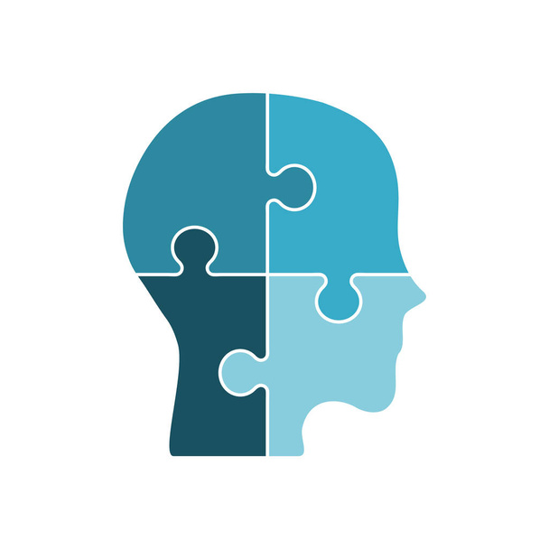  Puzzle pieces form a human head. Four blue jigsaw pieces on white background. Infographic template. Depression and mental health issues. Confused man asks questions. Vector illustration, flat,clip art - Vector, Image