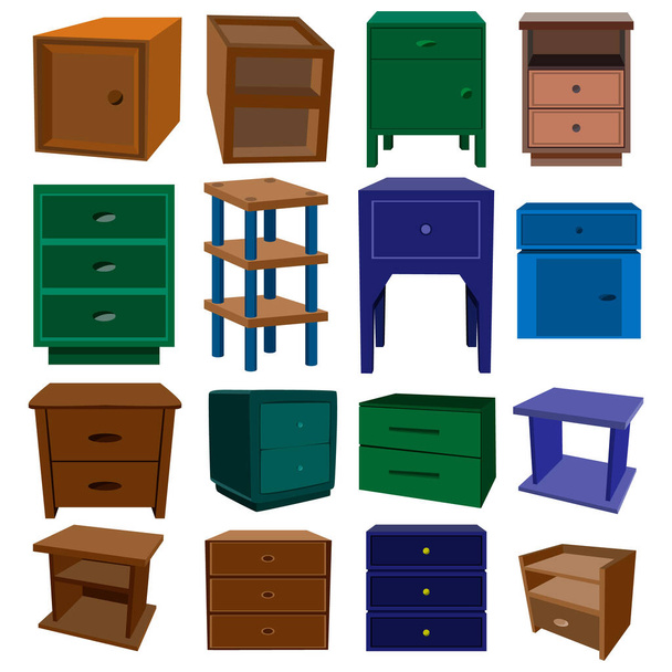 A large designer's set of sixteen furniture elements in the design. Bedside table. Vector illustration. - Vecteur, image