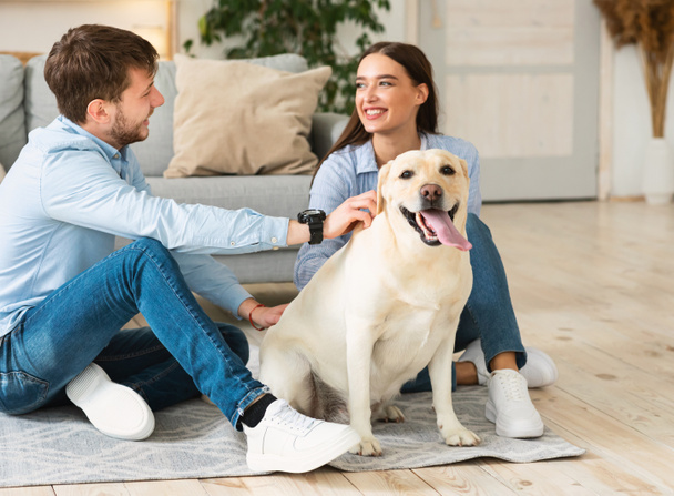 Young happy couple with dog sitting on floor - Photo, Image