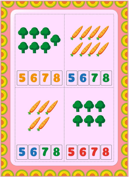 Matematica prescolare e infantile con broccoli e disegno di carote - Vettoriali, immagini