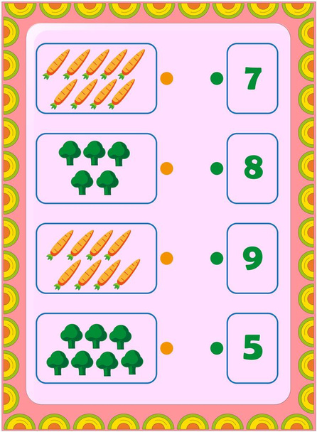 Matematica prescolare e infantile con broccoli e disegno di carote - Vettoriali, immagini