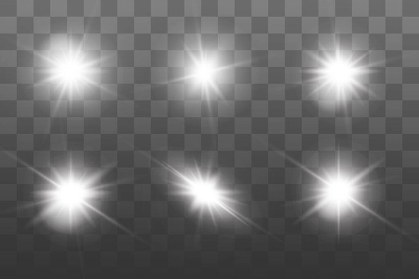 Λευκό λαμπερό φως εκρήγνυται σε ένα διαφανές φόντο. Λαμπερά μαγικά σωματίδια σκόνης. Σετ Φωτεινό Αστέρι. Διαφανές λαμπερό ήλιο, φωτεινό φλας Διάνυσμα λάμπει στο κέντρο ένα φωτεινό φλας Χριστούγεννα - Διάνυσμα, εικόνα