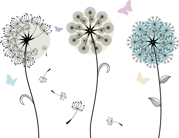 Ручной рисунок одуванчиков и бабочек. Цветок с приглашением на свадьбу бабочки. Векторная иллюстрация
 - Вектор,изображение