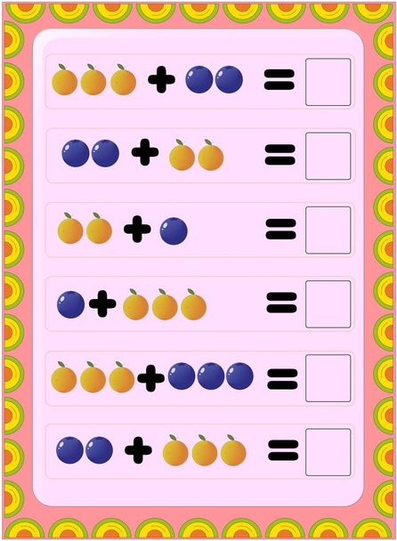 Matematica prescolare e infantile con mirtillo e design di frutta arancione - Vettoriali, immagini
