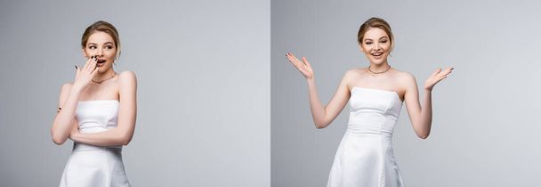 collage of emotional bride in white wedding dress gesturing isolated on grey - Photo, Image