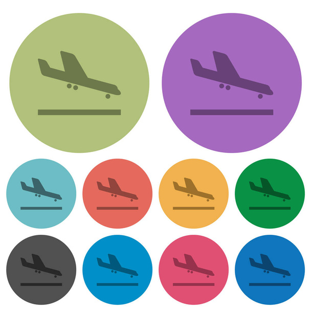 Avión aterrizaje iconos planos más oscuros sobre fondo redondo de color
 - Vector, Imagen