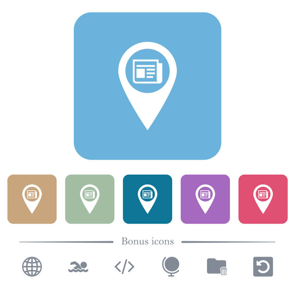 Útvonal infó GPS térkép elhelyezkedés fehér lapos ikonok színes lekerekített négyzet hátterek. 6 bónusz ikonok tartalmazza - Vektor, kép