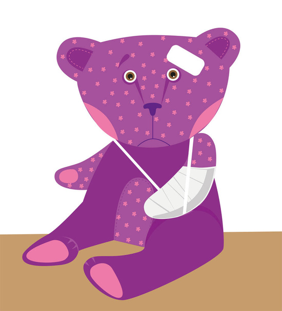 Hračkový medvídek s obvazem na hlavě a omítkou na tlapě - Vektor, obrázek