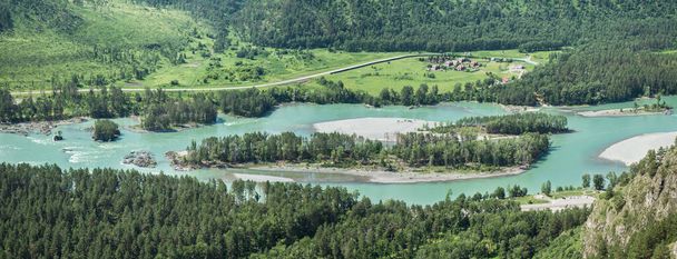 Річка Катун в горах Алтай, банер. Літні зелені. Подорож і відпустка в гори. - Фото, зображення