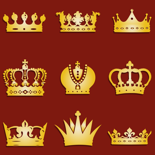Vector set of 9 gold crown icons - Vector, Imagen