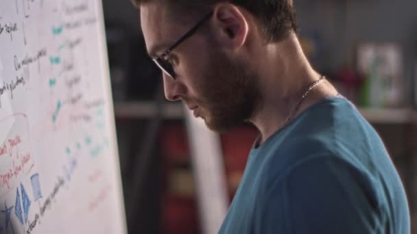 Serious bearded man in glasses writes something with a marker on a white board in the office. - Metraje, vídeo