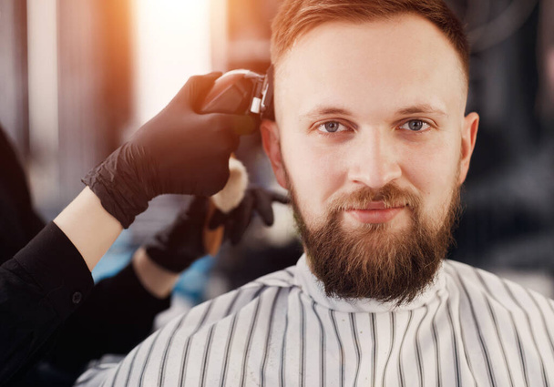 Close up face portrait in barbershop, man with beard  - Fotoğraf, Görsel