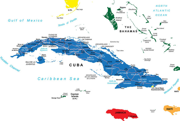 Mapa vectorial altamente detallado de Cuba con regiones administrativas, ciudades principales y carreteras
. - Vector, Imagen