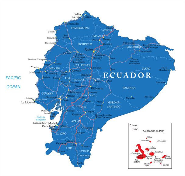 İdari bölgeleri, ana şehirleri ve yolları olan Ekvador 'un son derece ayrıntılı vektör haritası. - Vektör, Görsel