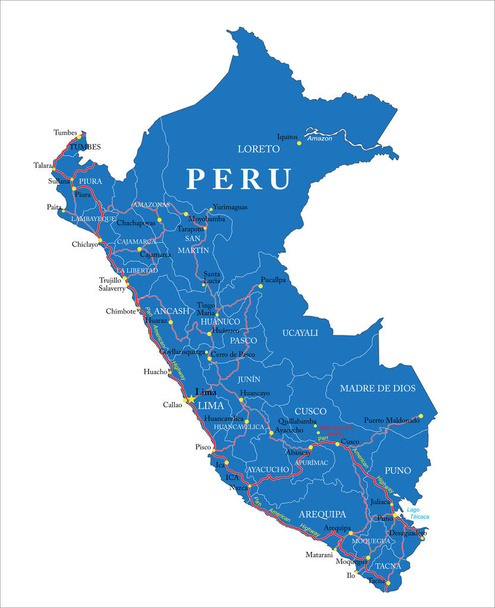 Peru highly detailed vector map with administrative regions, main cities and roads. - Vector, Image