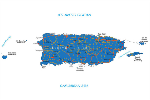 Puerto Rico rendkívül részletes vektortérképe közigazgatási régiókkal, főbb városokkal és utakkal. - Vektor, kép