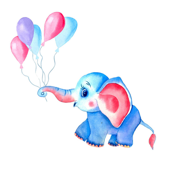 Watercolor elephant with balloons. Romantic deep elephant with pink ears. Sweet animals. watercolor elephant in a golden crown. For children's invitations, birthdays, children clothing design. - Photo, Image