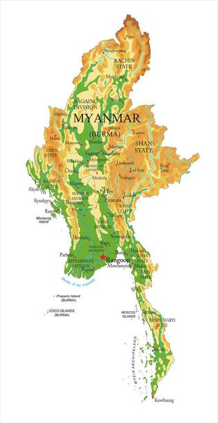 Myanmar zeer gedetailleerde fysieke kaart, in vectorformaat, met alle hulpvormen, regio 's en grote steden. - Vector, afbeelding