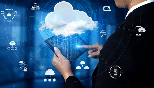 Cloud-Computing-Technologie und Online-Datenspeicherung für Business-Netzwerk-Konzept. Computer verbindet sich mit Internet-Serverdienst für Cloud-Datenübertragung in futuristischer 3D-Grafikschnittstelle. - Foto, Bild