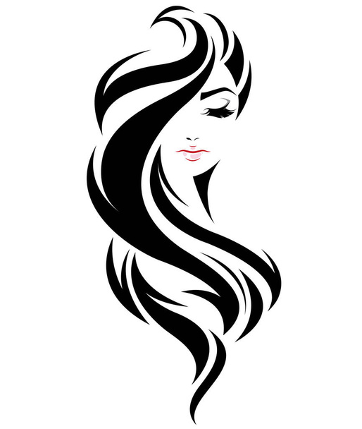 nők hosszú haj stílus ikon, logó nők arc fehér háttér - Vektor, kép