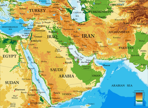 Oriente Medio mapa físico altamente detallado, en formato vectorial, con todas las formas de relieve
. - Vector, imagen