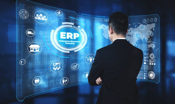 Girişim Kaynak Yönetimi ERP yazılım sistemi modern grafik arayüzünde sunulmuştur. Şirket kaynaklarını yönetmek için geleceğin teknolojisini göstermektedir.. - Fotoğraf, Görsel
