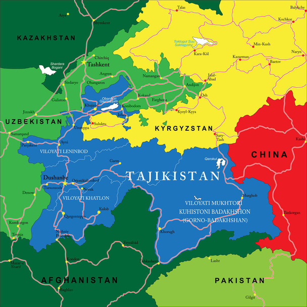 Carte vectorielle très détaillée du Tadjikistan avec les régions administratives, les principales villes et les routes. - Vecteur, image