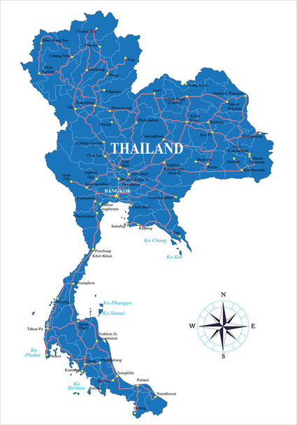 Tailandia mapa vectorial altamente detallado con regiones administrativas, principales ciudades y carreteras
. - Vector, Imagen