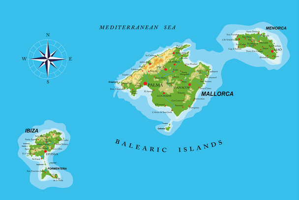 Vysoce podrobná fyzická mapa Baleárských ostrovů ve vektorovém formátu se všemi reliéfními formami, regiony a velkými městy. - Vektor, obrázek