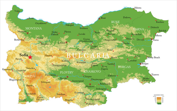 Zeer gedetailleerde fysieke kaart van Bulgarije, in vectorformaat, met alle hulpvormen, regio 's en grote steden. - Vector, afbeelding