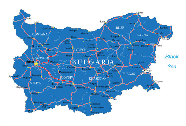 Zeer gedetailleerde vectorkaart van Bulgarije met administratieve regio 's, belangrijkste steden en wegen. - Vector, afbeelding
