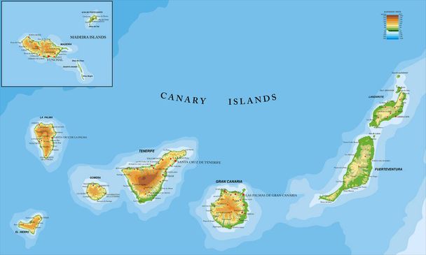 Nagyon részletes fizikai térkép a Kanári-szigetekről és Madeiráról, kórokozó-átvivő formátumban, valamennyi domborzati formával, régióval és nagyvárossal. - Vektor, kép