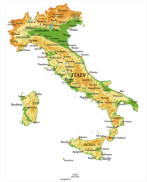 Εξαιρετικά λεπτομερής φυσικός χάρτης της Ιταλίας, σε διανυσματική μορφή, με όλες τις μορφές ανακούφισης, τις περιφέρειες και τις μεγάλες πόλεις. - Διάνυσμα, εικόνα