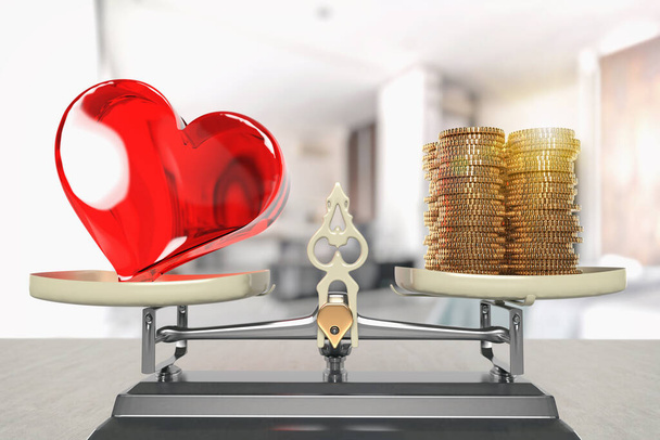 Egyensúly szívvel és pénzzel két oldalon. A drága kezelés, a szívproblémák vagy például a kapcsolati vagy házassági döntések fogalma; 3d illusztráció - Fotó, kép