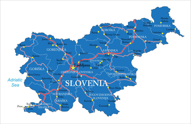 Mapa vectorial altamente detallado de Eslovenia con regiones administrativas, ciudades principales y carreteras
. - Vector, Imagen