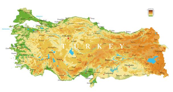 Mapa físico altamente detalhado da Turquia, em formato vetorial, com todas as formas de relevo, regiões e grandes cidades
. - Vetor, Imagem