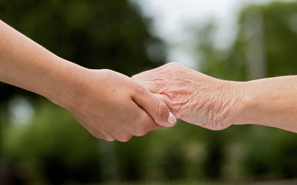 As mãos de ajuda para cuidados domésticos idosos ao ar livre
 - Foto, Imagem