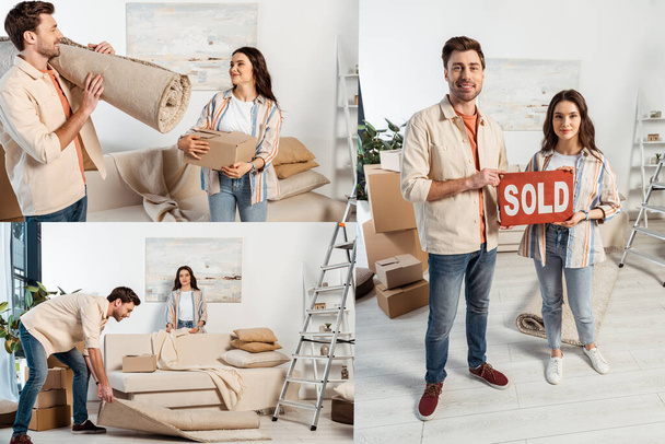 Collage de jeunes couples tenant plaque signalétique avec lettrage vendu tout en se déplaçant dans le salon - Photo, image