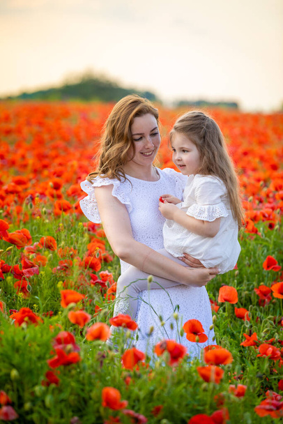 チェコ共和国の春のポピー畑で美しい母親と彼女の娘 - 写真・画像