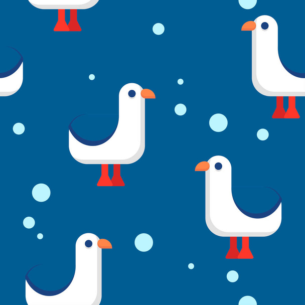 baby seamless pattern with cartoon seabird and bubbles on a dark blue background. cartoon flat design of gull. Marine theme. for packaging, paper, fabric. print for clothes - Vektor, obrázek