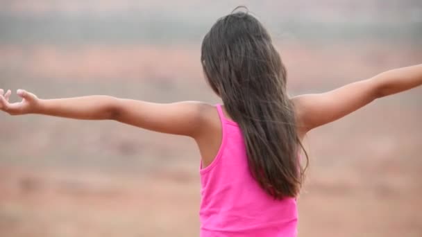 Mladá dívka vyhrát otevřené náruče při pohledu na panorama v národním parku - Záběry, video