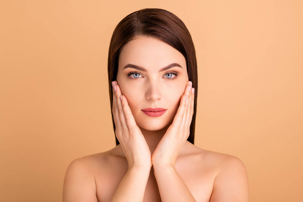 Close up photo of dreamy pensive girl touch face hands try her new salon skincare treatment plastic surgery to become real beauty queen for fashionable party event isolated beige color background - Φωτογραφία, εικόνα